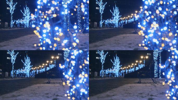冬季公园夜晚都市璀璨灯光实拍视频素材