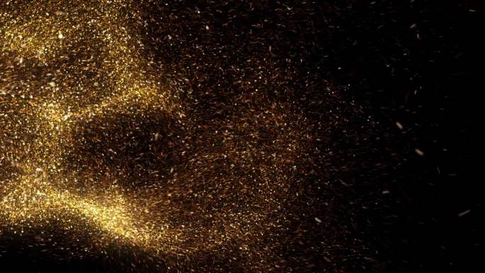 金色粒子在黑暗背景下的抽象飞行。