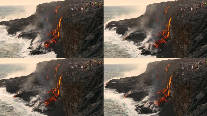 夏威夷火山喷发熔岩流入水中