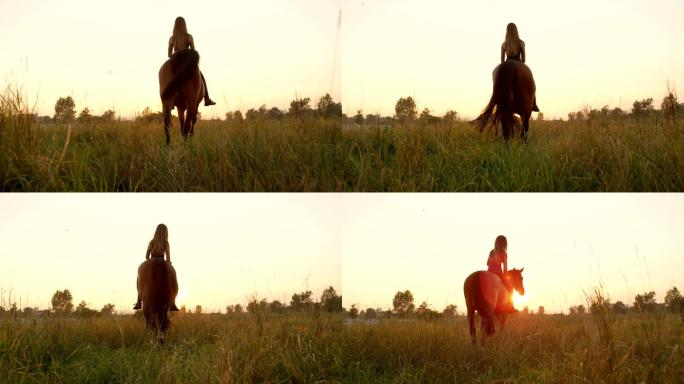 欢快的年轻女孩在草原上骑着骏马