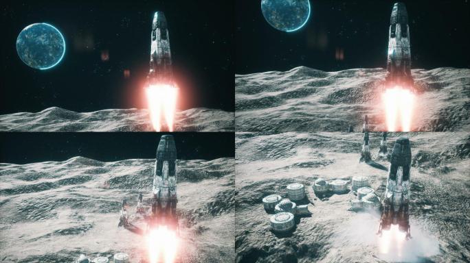 火箭降落在月球空间殖民地附近