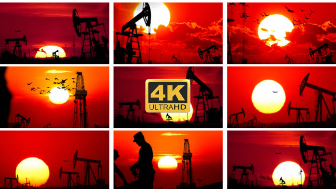 4K石油开采夕阳石油钻井能源行业写意