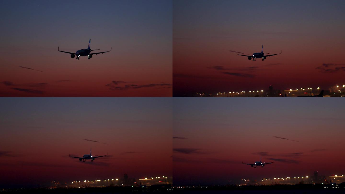 南方航空客机机场上空夜幕中徐徐降落