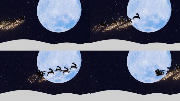 圣诞老人和驯鹿在天空中闪烁金色光芒