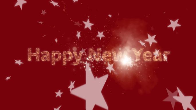 红色背景上的新年快乐文字和爆炸的焰火
