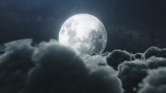 云层飞行圆月背景高空云海夜空明月月球月亮