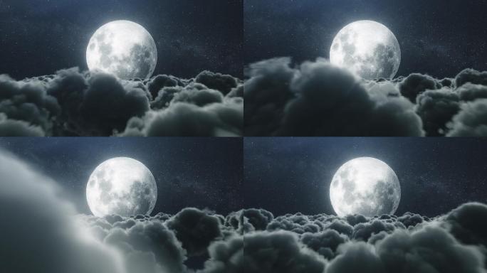 云层飞行圆月背景高空云海夜空明月月球月亮