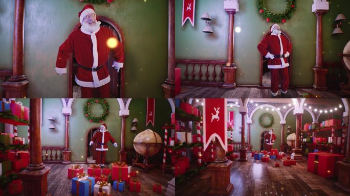 圣诞老人走进房间家庭圣诞节老人儿童礼物相