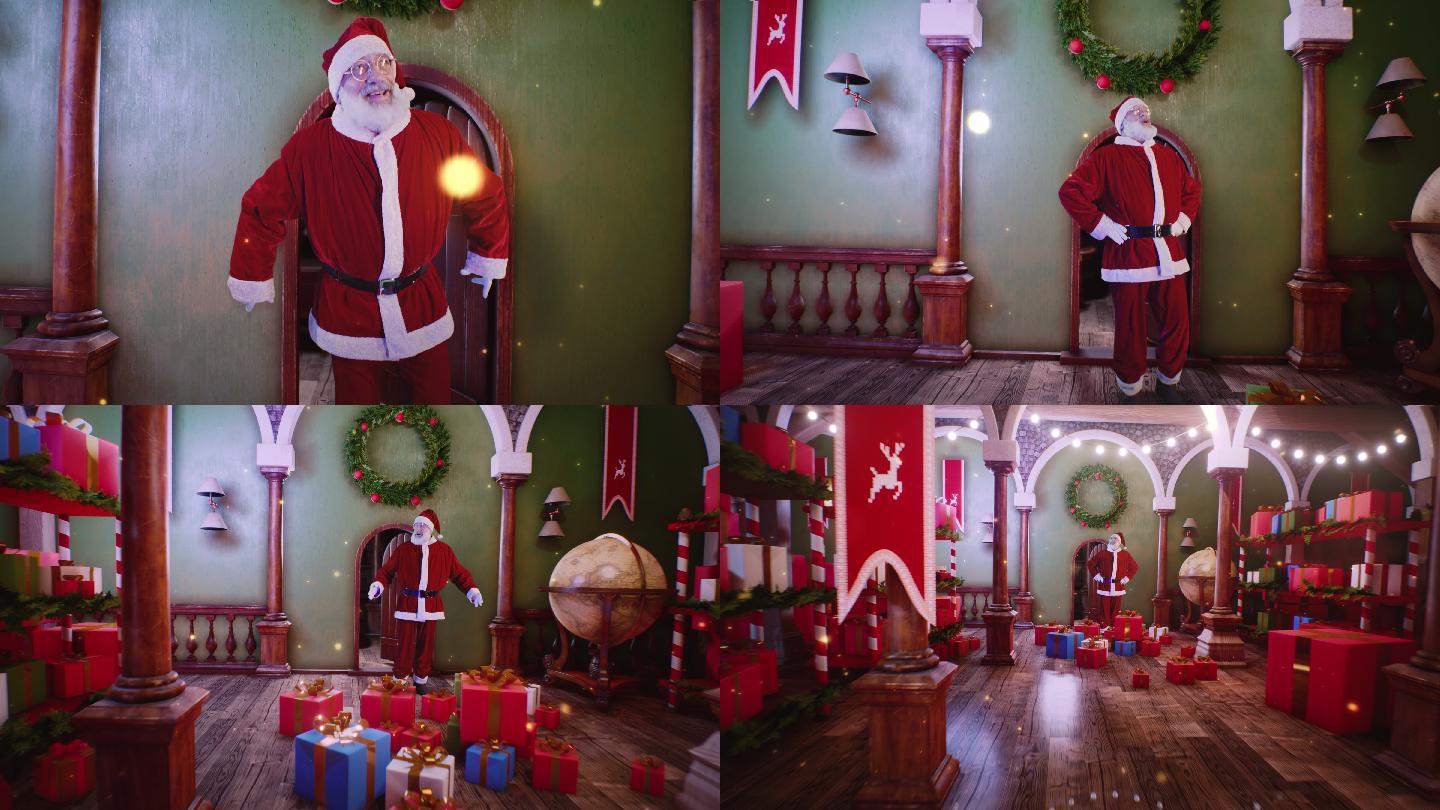圣诞老人走进房间家庭圣诞节老人儿童礼物相