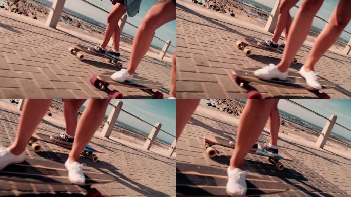 少女踩滑板的低角度镜头