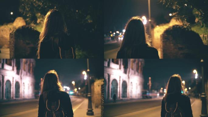 独自行走的女孩美女背影大学生夜晚走路