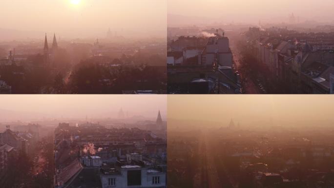 烟雾弥漫的布达佩斯市鸟瞰图