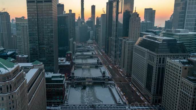 芝加哥河湾城市景观黎明时分的时间流逝