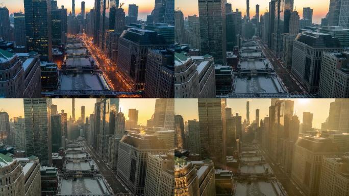 芝加哥河湾城市景观黎明时分的时间流逝