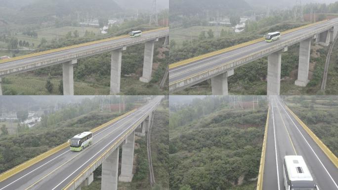 沁水县美丽乡村航拍 公交车在旅游公路行驶