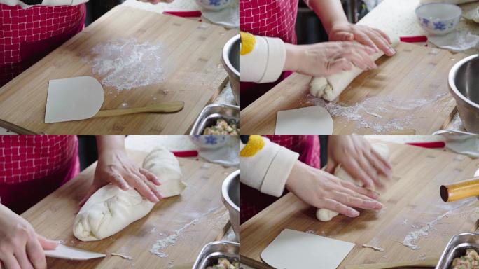 一位厨师在揉面团制作包子皮