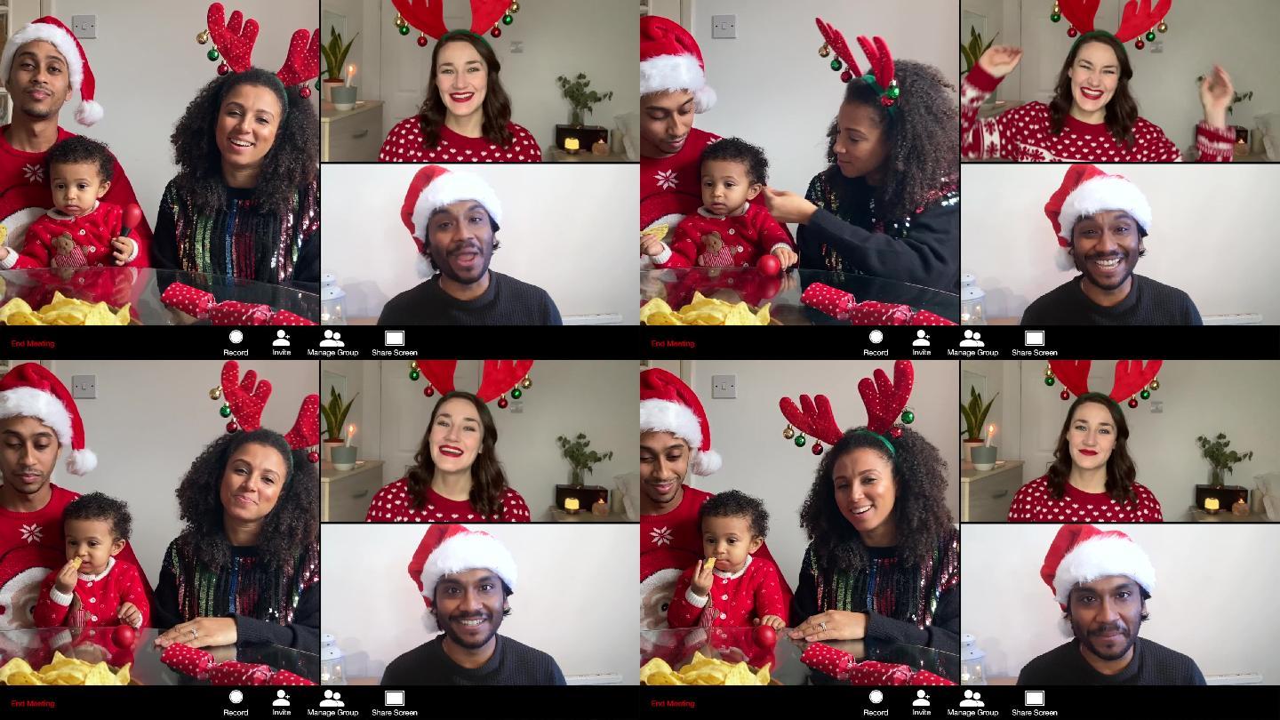 朋友和年轻家庭之间的视频圣诞电话
