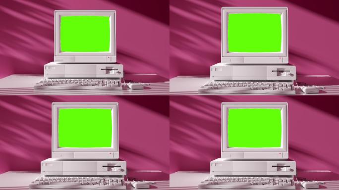 90年代老式电脑绿屏老电脑年代感红背景