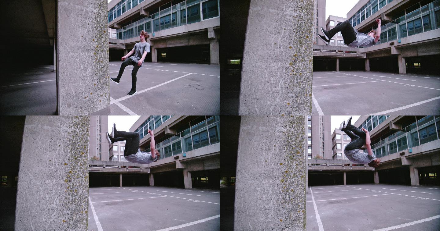 跑酷自由跑运动员后空翻青年高难度动作