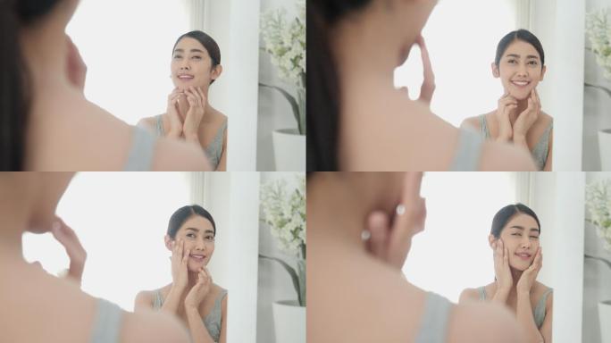 在照镜子的女人护肤品广告宣传片光滑焕发活