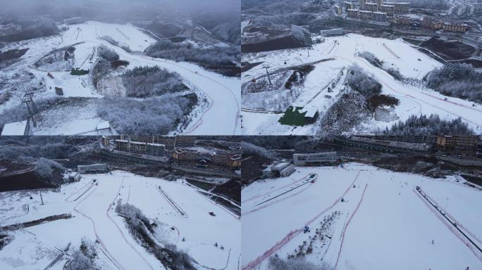 航拍冬季滑雪场山顶向下飞行衔接酒店