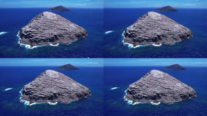 海洋上岩石岛海鸥飞翔的大气航拍素材