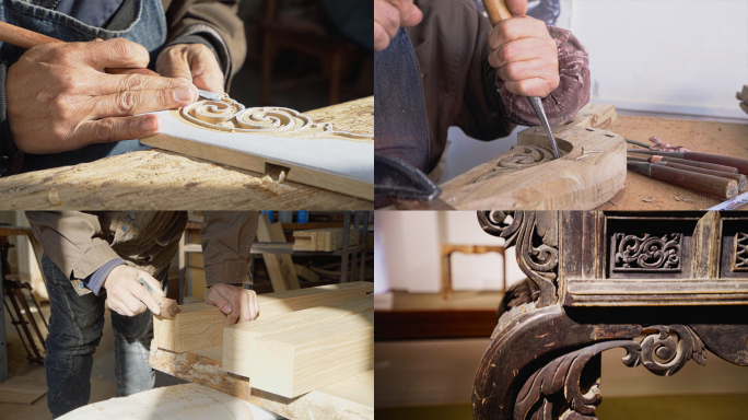 老家具修复木雕工艺视频素材