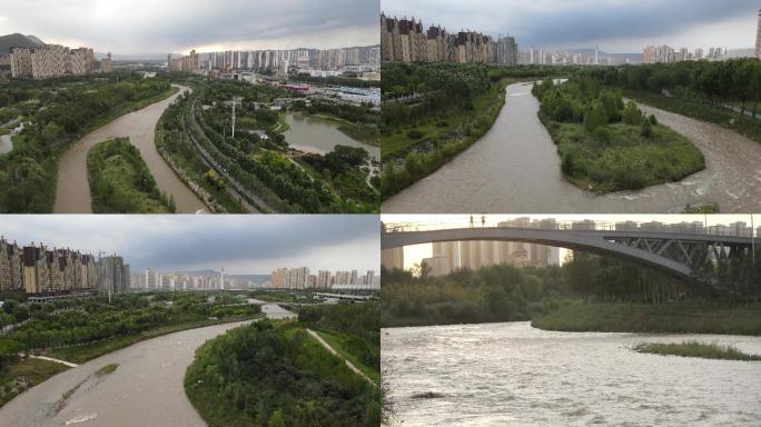 青海西宁湟水国家湿地公园航拍空镜