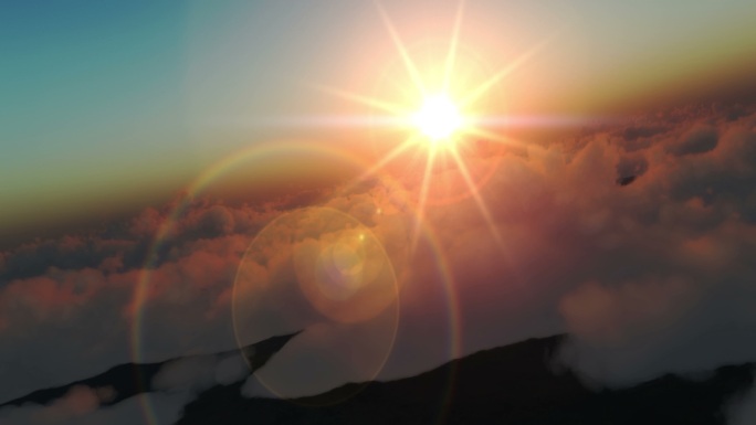 日落时飞越云层飞行员视角云上穿梭迎着夕阳
