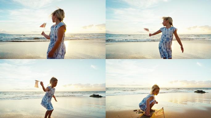 在海滩上玩耍的年轻女孩