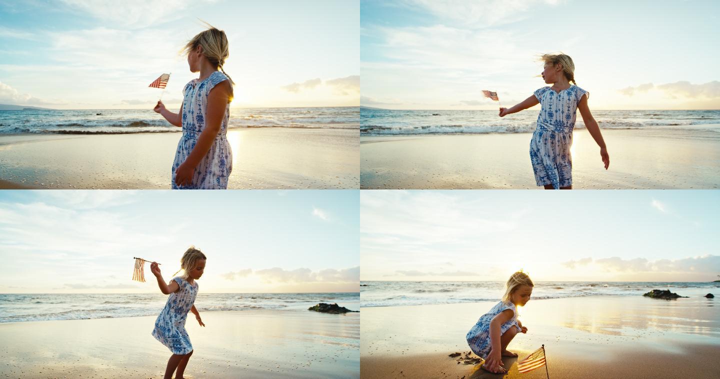 在海滩上玩耍的年轻女孩