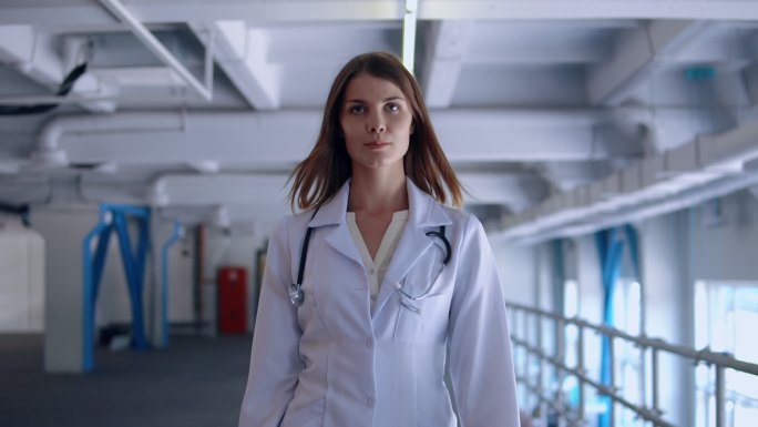 医生穿着白色实验服，带听诊器在医院里行走