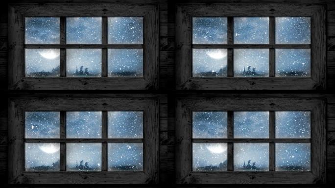 透过窗户看到的冬季景色的动画
