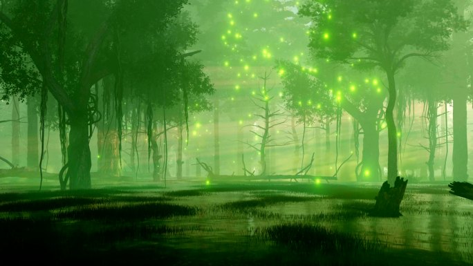夜间森林沼泽唯美绿色沼泽背景粒子星星动画