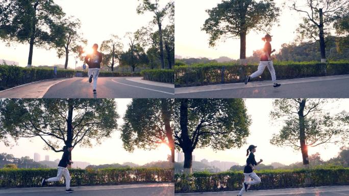 女孩在夕阳下的公园跑步慢镜头视频素材