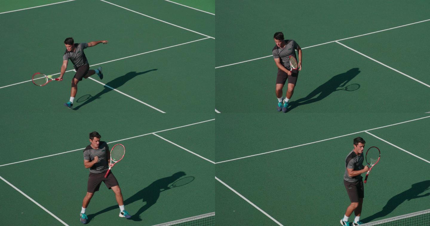 一名网球运动员跑过球场，打出制胜球。