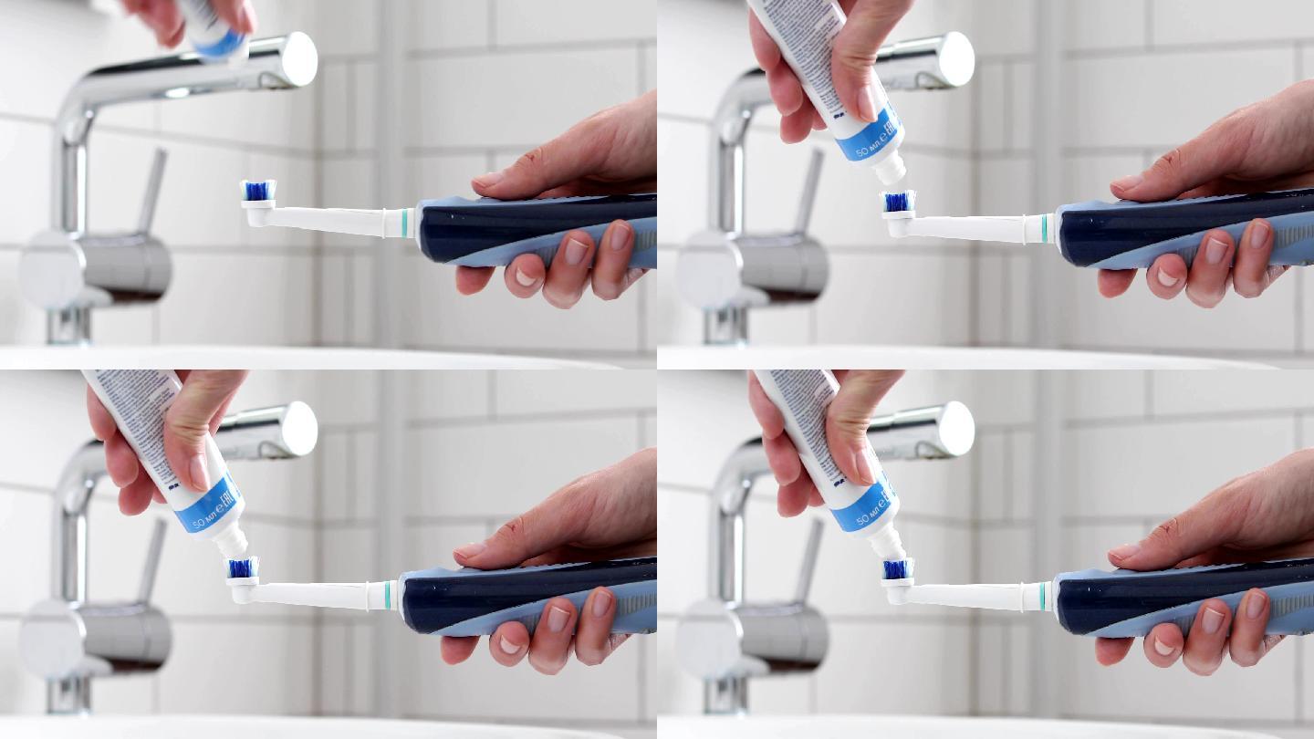 电动牙刷上的牙膏电动刷牙口腔清洁口腔卫生