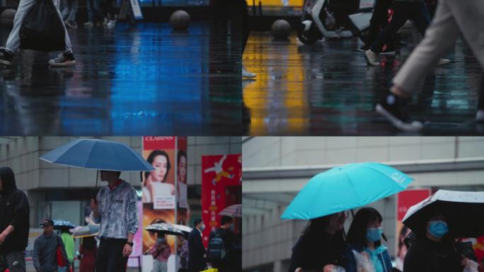 阴雨天商业街步行街人流倒影升格镜头