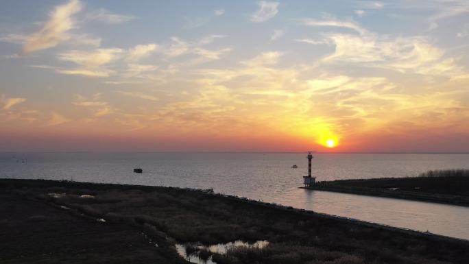 巢湖 夕阳 灯塔 轮船 航拍