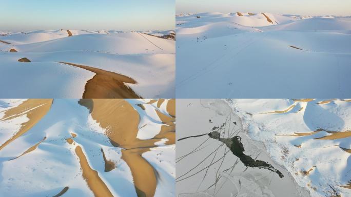 航拍塔克拉玛干沙漠雪景