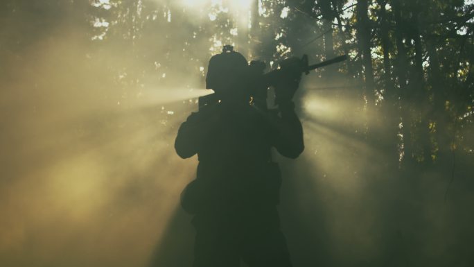 士兵在烟雾弥漫的森林中行进