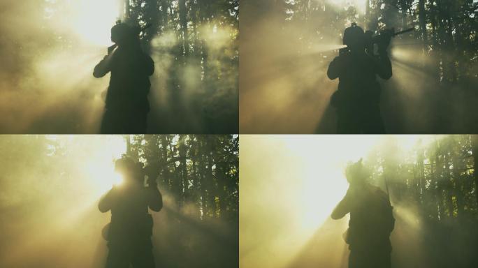 士兵在烟雾弥漫的森林中行进