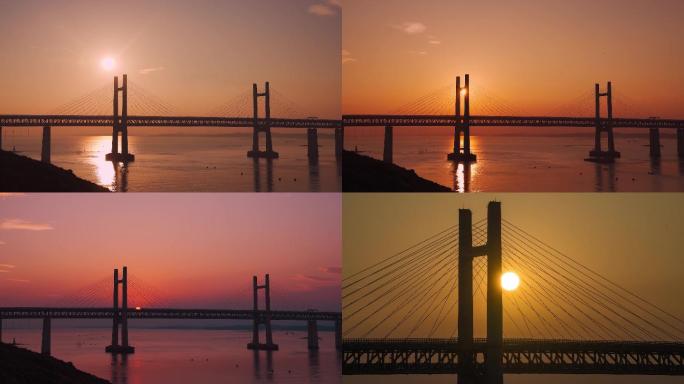 平潭海峡公铁大桥日落延时航拍延时火烧云