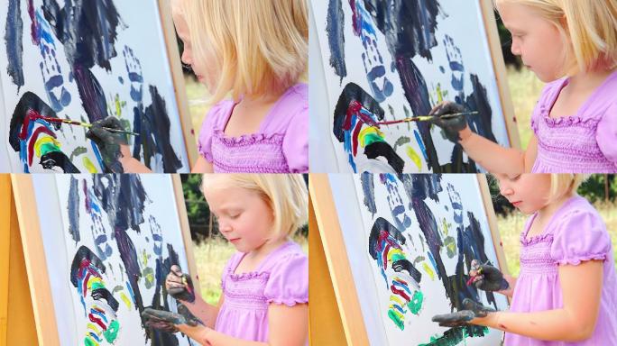 小女孩在外面画画绘画美术素描写生画画培训