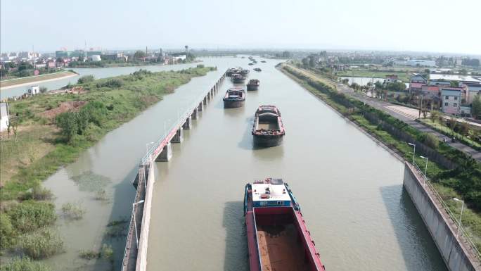 航拍高淳杨家湾水闸 船运河道