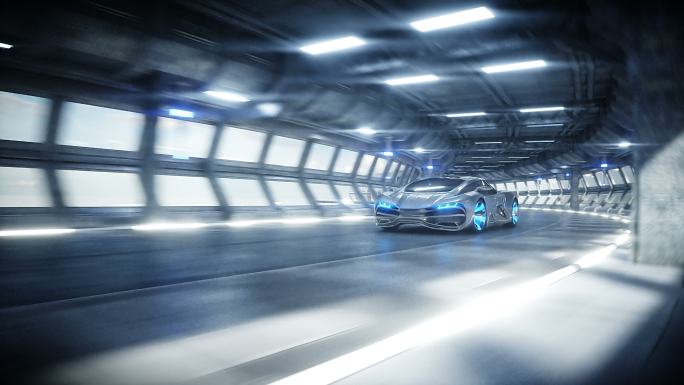 科里多科幻隧道中的汽车快速行驶。