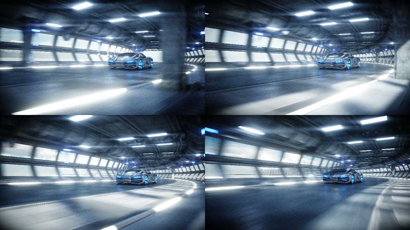 科里多科幻隧道中的汽车快速行驶。