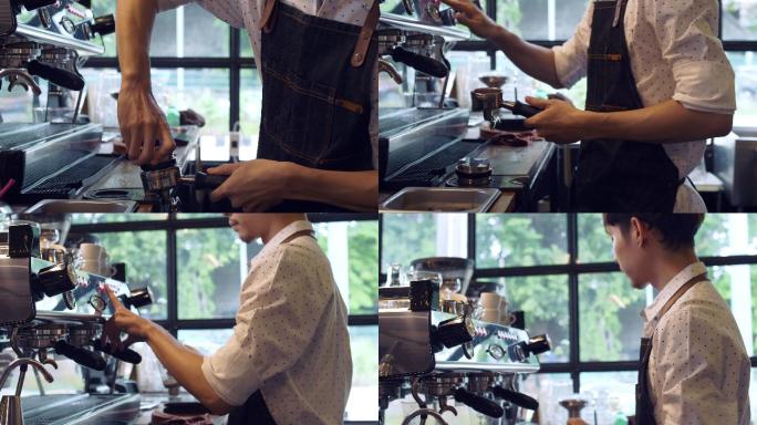 在咖啡馆煮咖啡时，咖啡师工作时的特写镜头