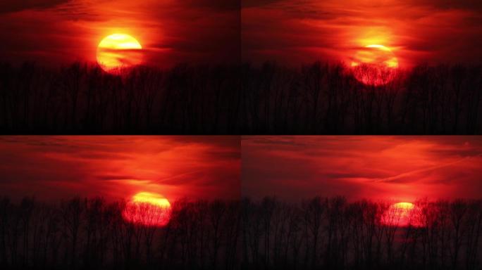 冬季傍晚夕阳西下超大唯美红红太阳缓缓下沉