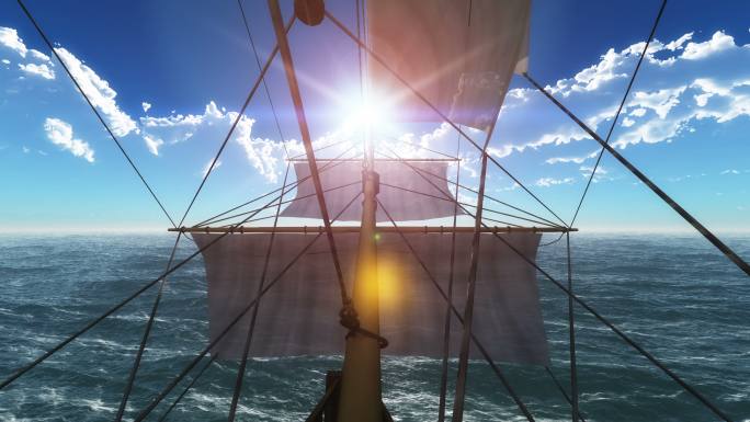 公海中的老船航行帆船行驶动画特效